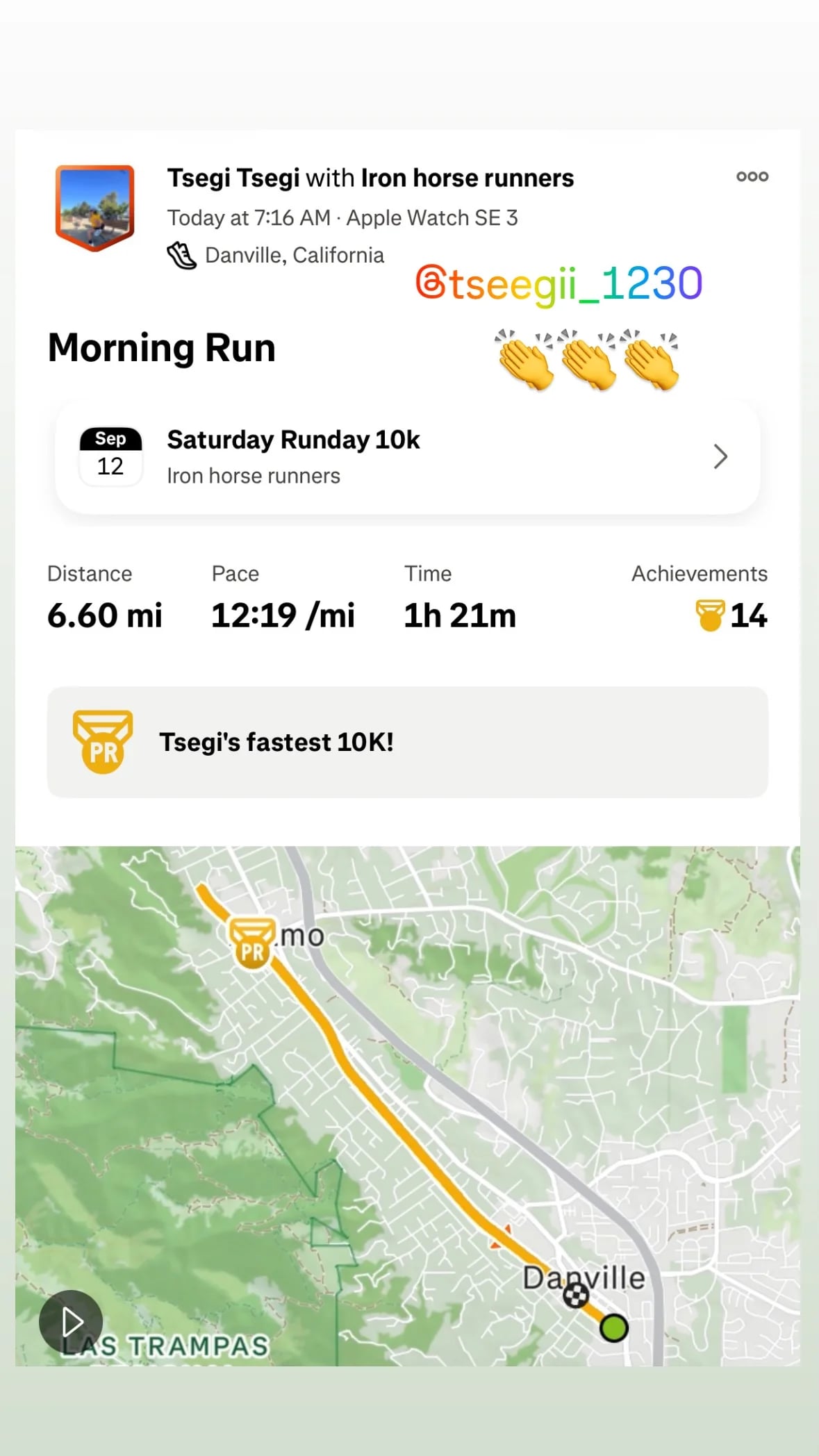 Tseegii’s Strava activity showing her fastest 10K achievement during the September 12 Saturday Runday in Danville